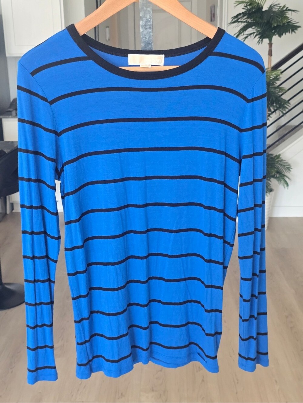 Michael Michael Kors Blue Black Striped Long Sleeve Top Size M Stretch Knit